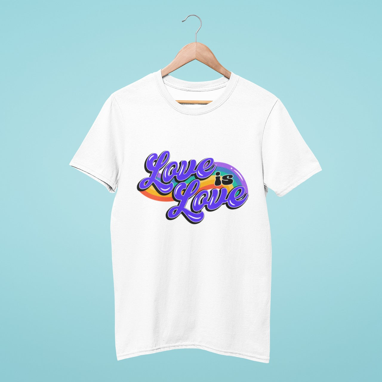 Our white round neck t-shirt features a "Love is Love" design in a cute font with a rainbow swirl background. It's perfect for showing support for the LGBTQ+ community or adding a stylish touch to your wardrobe. Available in various sizes and made with high-quality materials, order now to spread positivity and inclusivity.