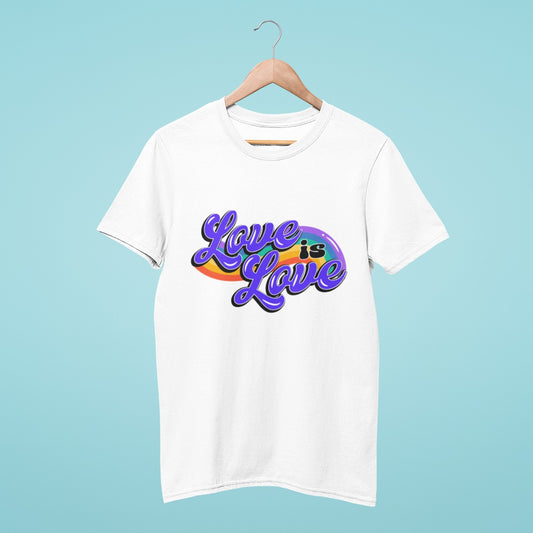 Our white round neck t-shirt features a "Love is Love" design in a cute font with a rainbow swirl background. It's perfect for showing support for the LGBTQ+ community or adding a stylish touch to your wardrobe. Available in various sizes and made with high-quality materials, order now to spread positivity and inclusivity.
