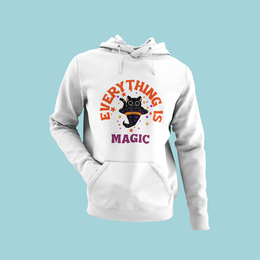 Stay cozy and magical in this white hoodie featuring the slogan "everything is magic" and a graphic of a black cat peeking out from a wizard hat. Perfect for cat lovers and mystical enthusiasts, this versatile hoodie is comfortable for everyday wear. Order now to add some enchantment to your wardrobe!