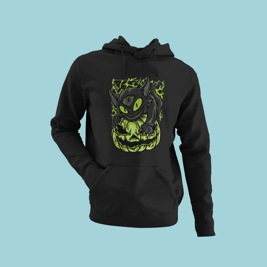  Add some mysterious flair to your wardrobe with this black hoodie featuring a black cat with an open third eye pouncing on a green Halloween lantern. Perfect for Halloween or everyday wear, this comfortable and eye-catching hoodie is a must-have for cat lovers and fans of the supernatural. Order now to show off your spooky style!