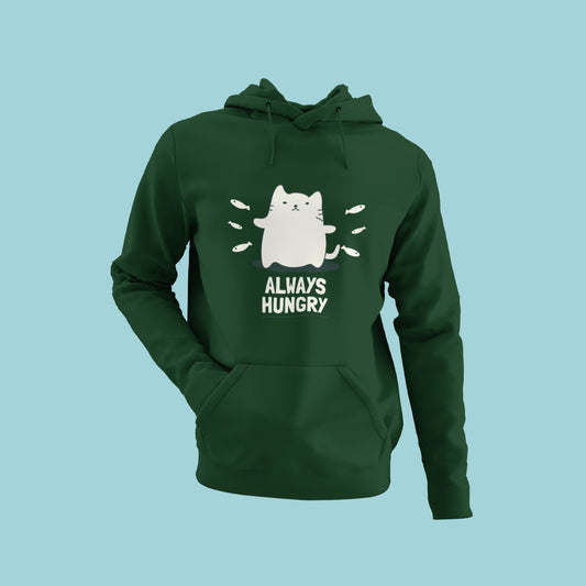 Satisfy your hunger for style with this olive green hoodie featuring a fat and chubby grey cat surrounded by small fish and the slogan "always hungry." Perfect for cat lovers and foodies alike, this comfortable and eye-catching hoodie is a must-have. Order now to show off your love for felines and good food!