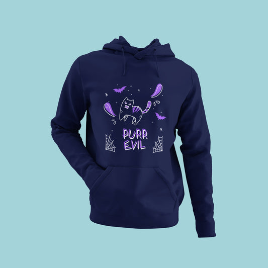 Unleash your inner feline mischief-maker with this navy blue hoodie featuring a "purr evil" slogan and a scary cat surrounded by ghosts and bats. The eye-catching design and comfortable material make it perfect for Halloween or everyday wear. Show off your love for all things spooky and feline with this unique hoodie. Order now to add some eerie elegance to your style!