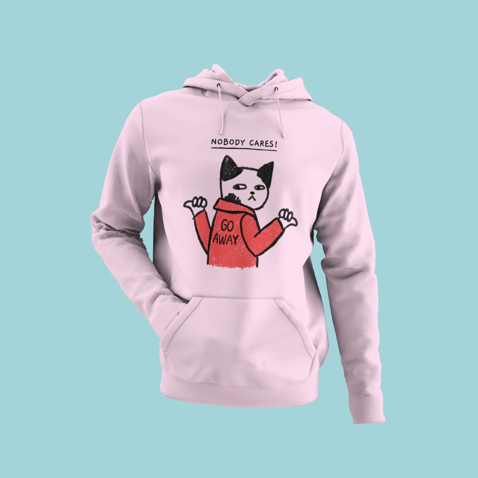  ChatGPT Show off your independent spirit and love for cats with this baby pink hoodie featuring the "nobody cares" title and a cat wearing a red jacket with "Go away" written on its back. The eye-catching design and comfortable material make it perfect for casual outings or a lazy day at home. Order now to add some feline flair to your wardrobe!
