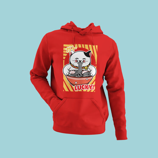 Embrace the positive vibes and show off your love for Japanese culture with this red hoodie featuring a lucky cat happily eating Japanese noodles with the word "lucky" written in bold. The comfortable material and eye-catching design make it perfect for everyday wear. Order now to add some good fortune to your style!