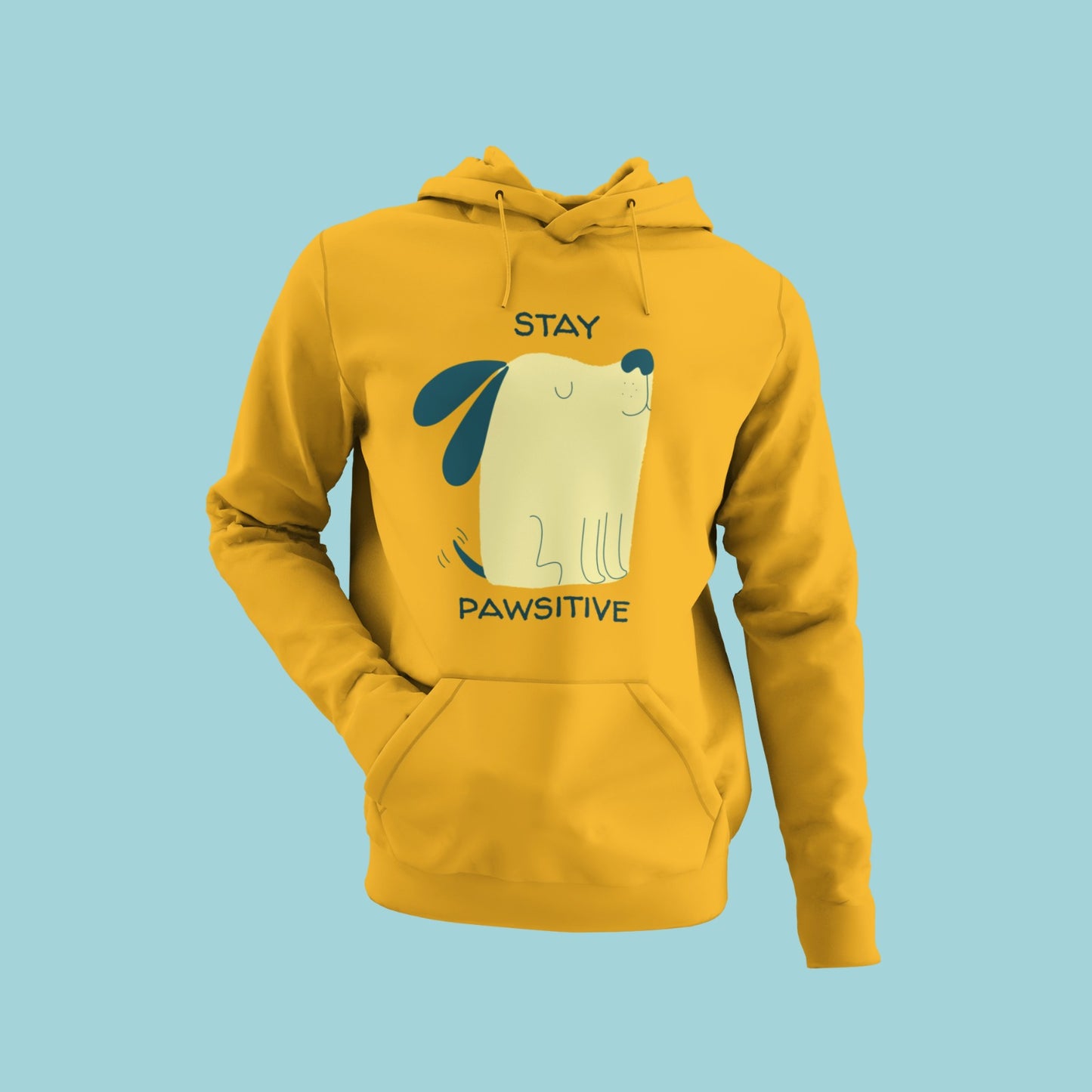 Brighten up your wardrobe with our yellow "Stay Pawsitive" hoodie! Featuring a cute sitting dog caricature and a positive message, this hoodie is the perfect way to add some sunshine to your day. Stay cozy and optimistic in our comfortable and stylish design.