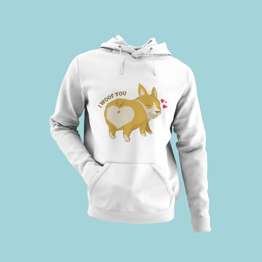 Show your love for corgis with this cute and quirky white hoodie featuring a corgi showing off its heart-patterned butt with the message "I woof you". Perfect for any corgi lover, this hoodie is sure to make a statement.