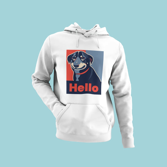  Make a statement with this white hoodie featuring a smiling Rottweiler in a striking red-blue dual-tone image and the word "hello". The comfortable material and unique design are perfect for dog lovers of all ages. Whether you're running errands or just hanging out at home, this hoodie is sure to turn heads. Order now and make a fashion statement that will never go unnoticed!