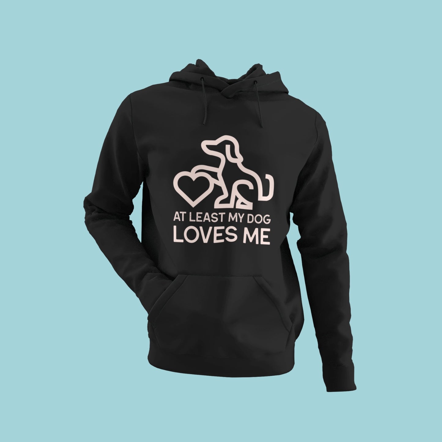 Express your love for your furry best friend with this black hoodie featuring a line drawing of a sitting dog with one paw on a heart and the slogan "at least my dog loves me". The comfortable material and eye-catching design make it perfect for everyday wear. Order now to add some warmth and love to your wardrobe!