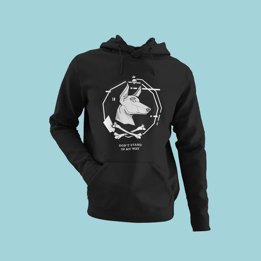Make a bold statement with this black hoodie featuring a white futuristic Doberman's head in place of the skull of the danger sign and the slogan "don't stand in my way". The comfortable material and eye-catching design make it perfect for everyday wear. Order now to add some attitude and power to your style!