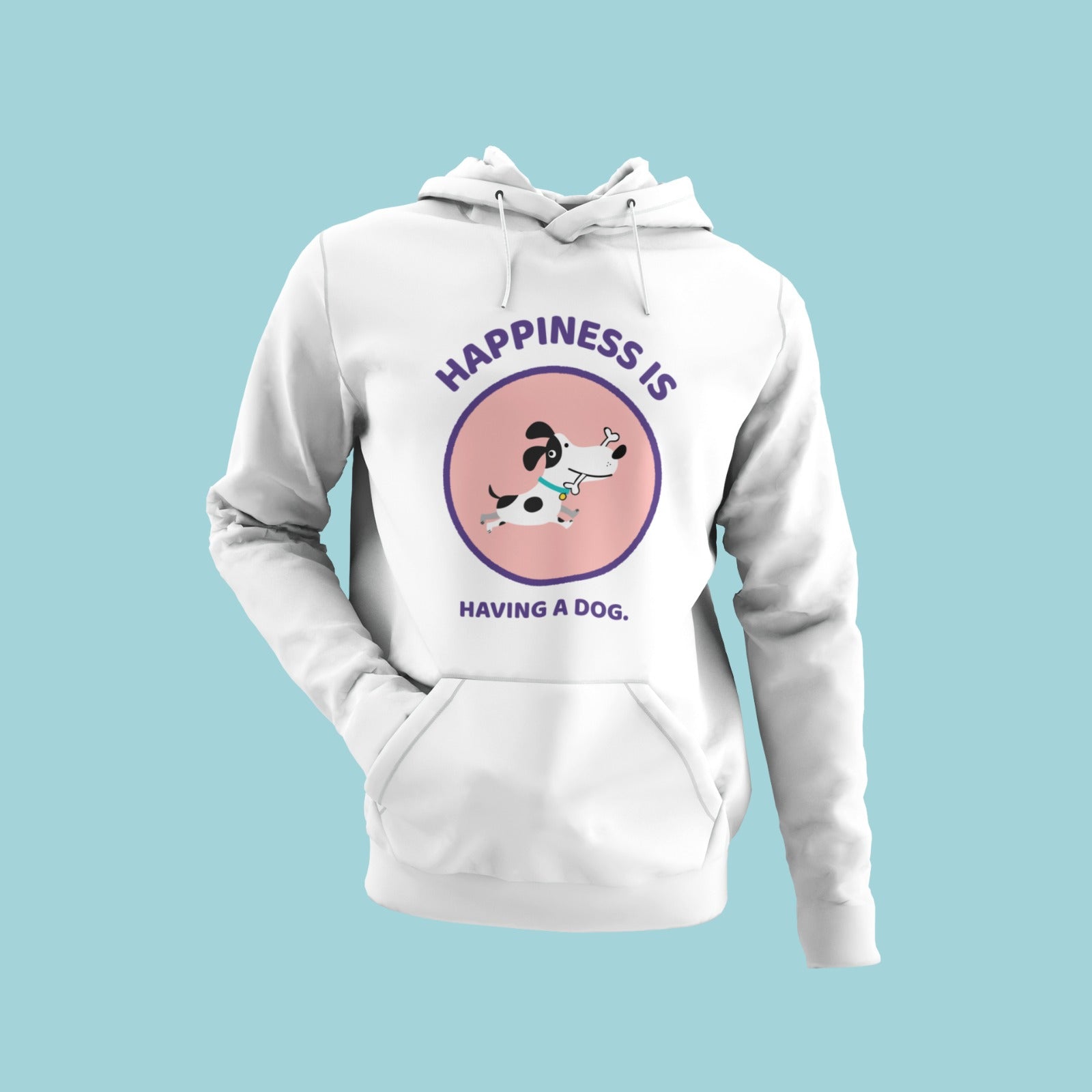 Spread joy with this white hoodie featuring a delightful cartoon of a happy dog with a bone in its mouth, along with the heartwarming message 'Happiness is Having a Dog.' Stay cozy and share your love for your furry friend in this stylish and comfortable hoodie.