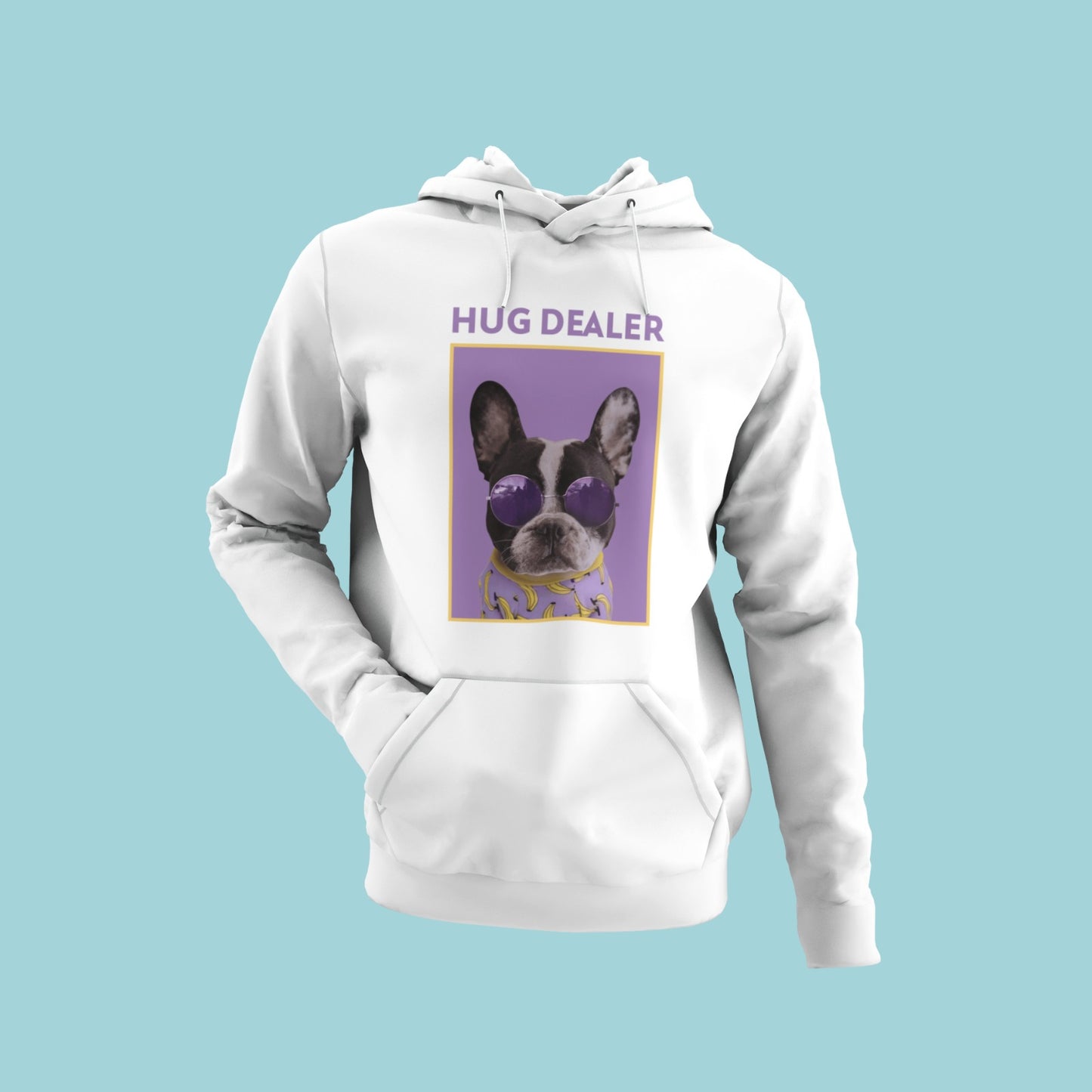 Introducing our "Hug Dealer" white hoodie featuring a cool Boston Terrier wearing purple sunglasses. Spread some love with this stylish and comfortable hoodie. Perfect for dog lovers, this hoodie will be your new favorite for all occasions. Get ready to be hugged with compliments! Available now!