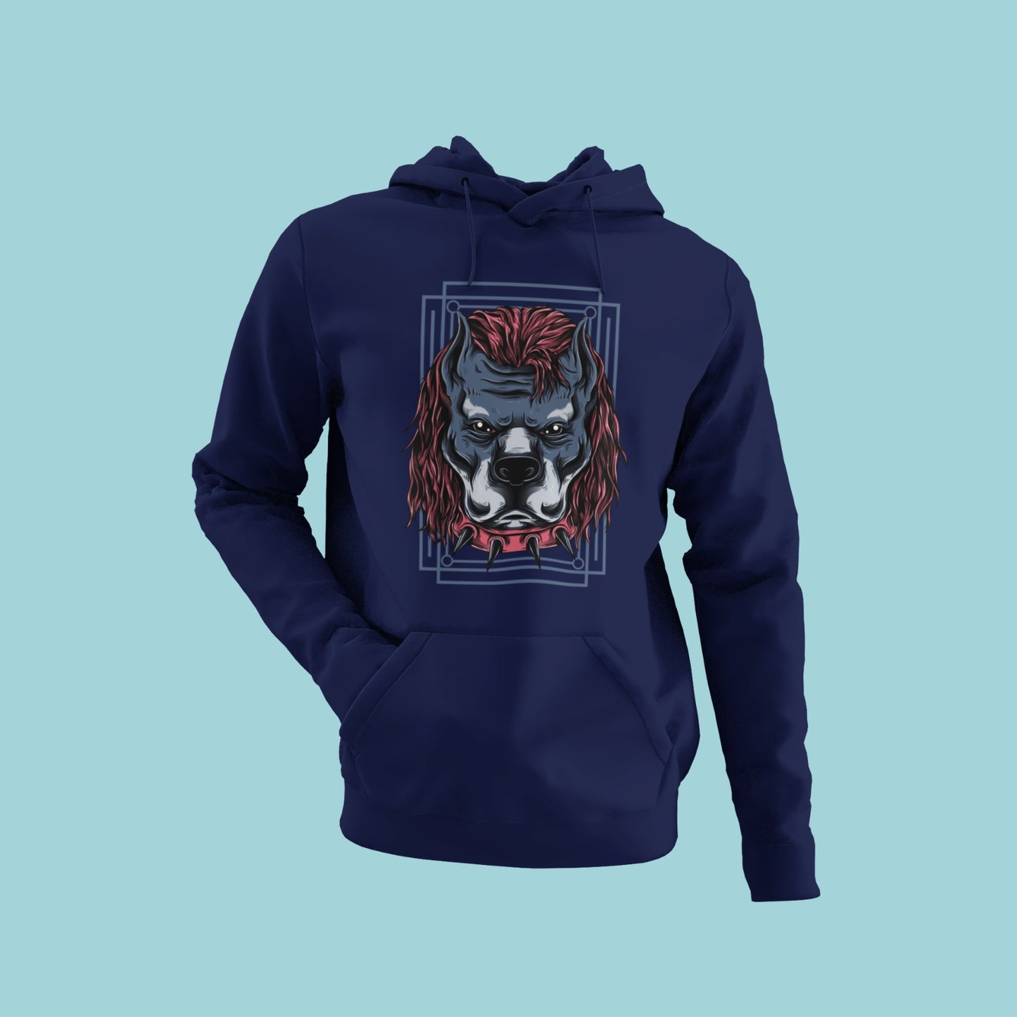 Get ready to unleash your fierce side with this navy blue hoodie featuring a menacing grey-blue bulldog face with a spiky collar and flowing red hair like a lion's mane. Perfect for those who aren't afraid to make a statement with their fashion choices.