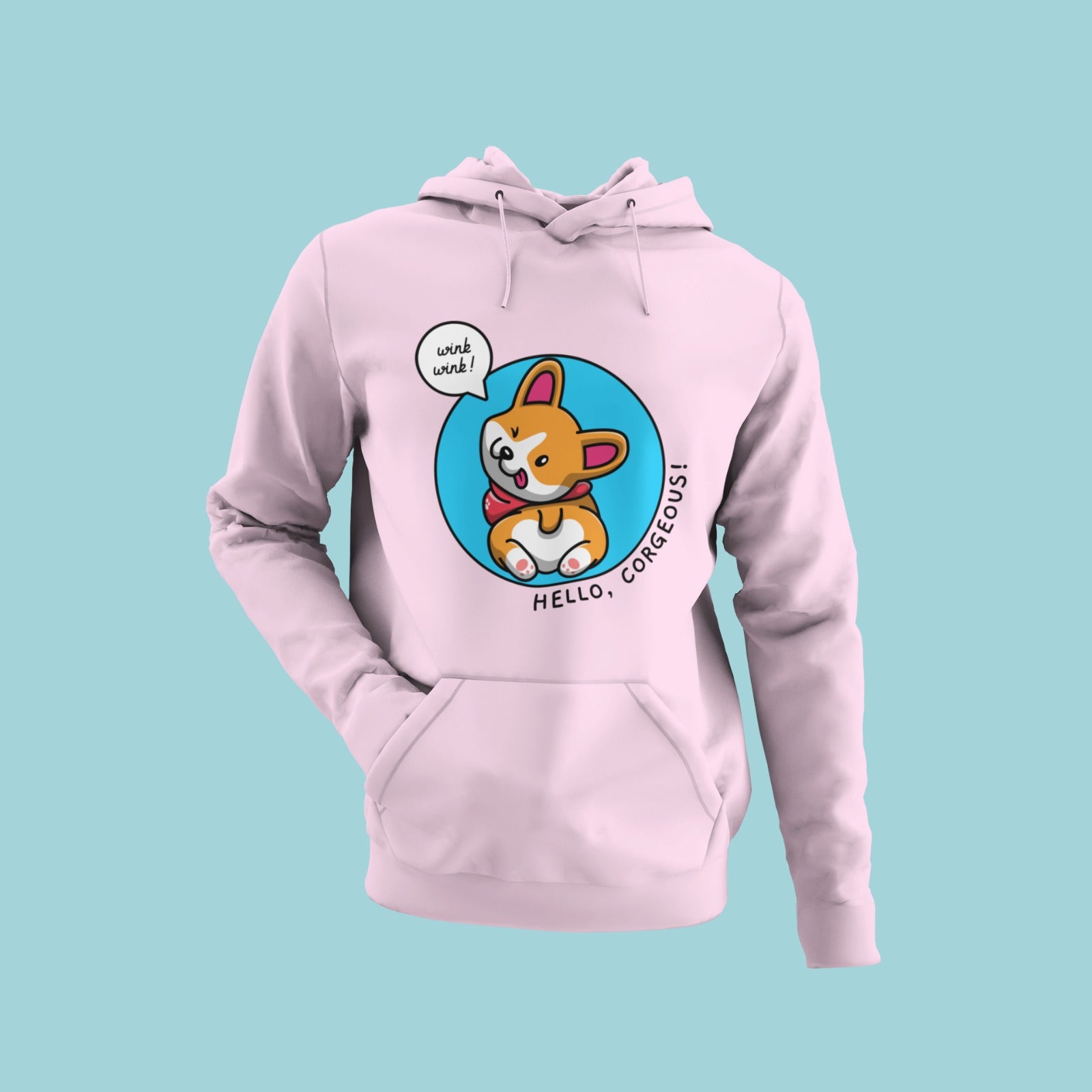 Get ready to look 'corgeous' with this baby pink hoodie featuring a cute cartoon corgi winking and a playful speech bubble saying 'wink wink!'. The message 'Hello, Corgeous!' is perfect to show your love for corgis. Stay cozy and stylish in this hoodie.