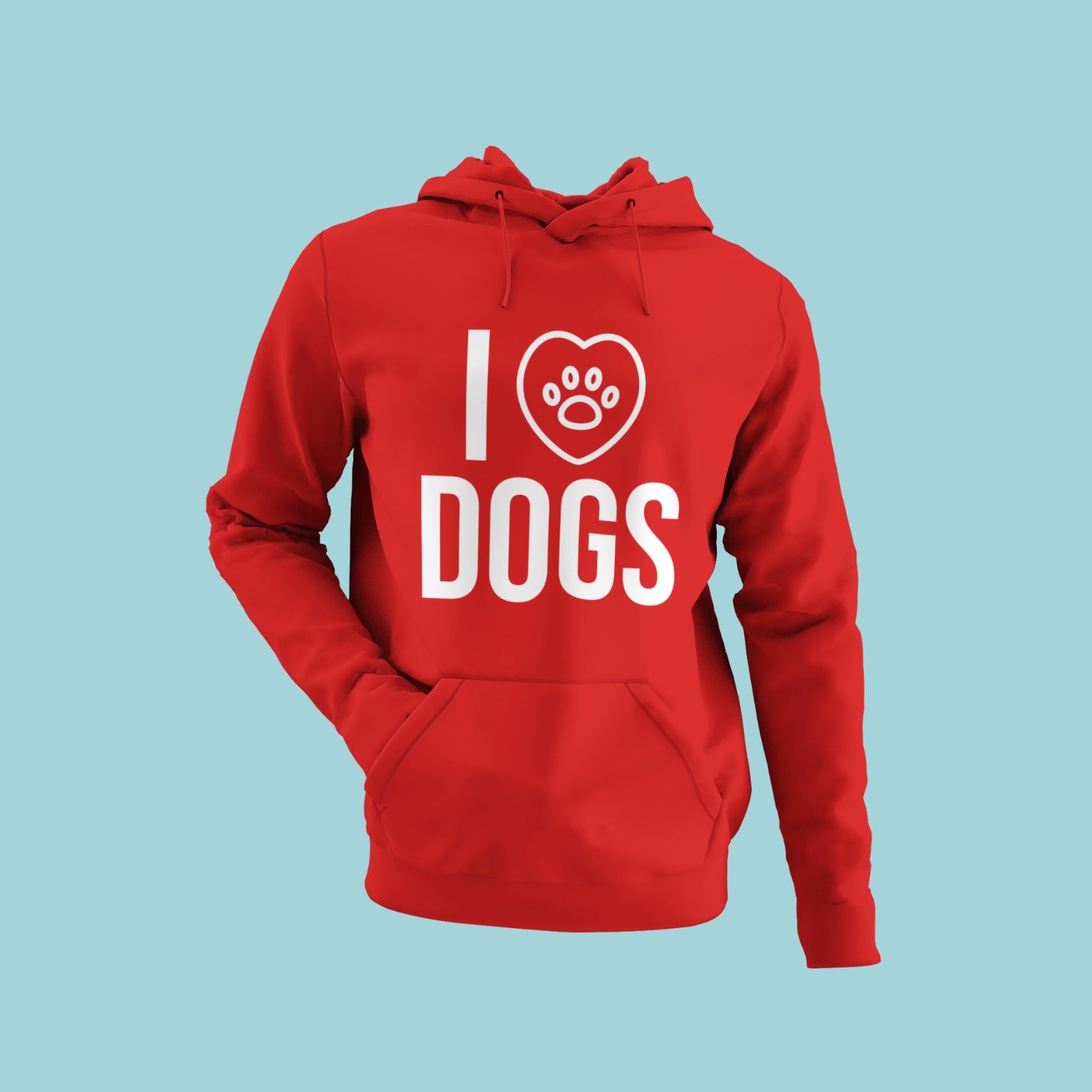Show your love for dogs with this stylish red hoodie featuring the message "I ♥ dogs" with a paw inside the heart. Made with high-quality materials, this hoodie is sure to keep you warm and comfortable while showing off your love for our furry friends. Order now and make a statement with this timeless design.