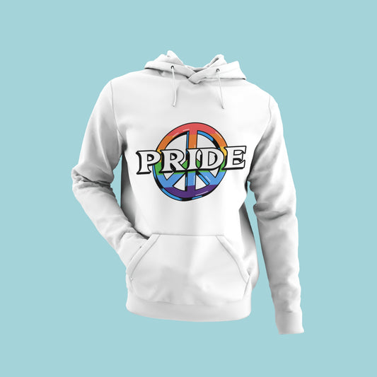 Get your pride on with our white hoodie featuring "PRIDE" in bold letters against a rainbow peace symbol backdrop. Perfect for showing your support for the LGBTQ+ community, this cozy hoodie is a statement piece that will make you stand out in any crowd. Celebrate diversity and spread love with this must-have hoodie.
