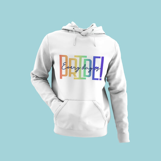 Shop this white hoodie with the bold and inspiring message "Everyday is Pride!" written in rainbow colors for a stylish and supportive look. The cursive font adds a touch of elegance, while the rainbow background celebrates diversity and inclusivity. Perfect for everyday wear or to show your support during Pride events.