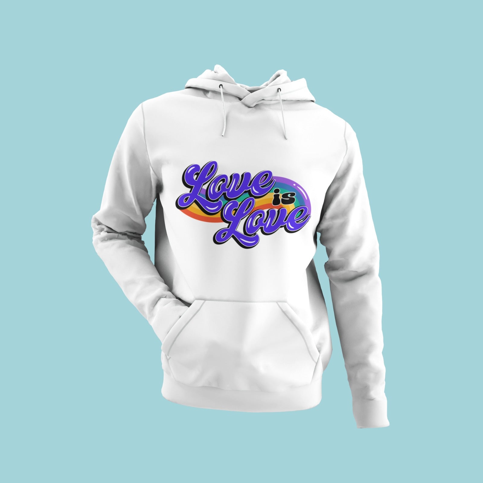 Celebrate love with this white hoodie featuring a colorful rainbow background and the message "Love is Love." Spread a message of equality and acceptance while staying cozy in this comfortable and stylish hoodie. Perfect for Pride events or everyday wear. Available in multiple sizes for everyone to show their support.