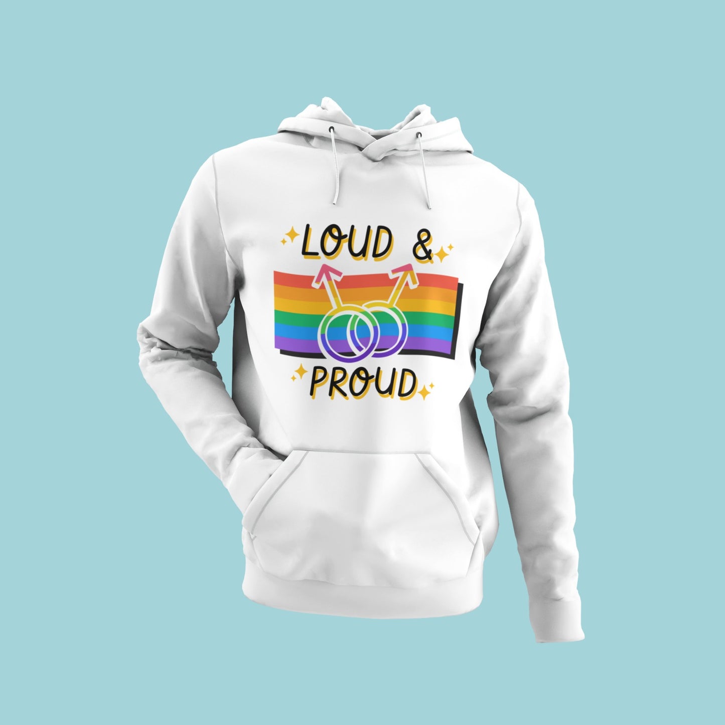 Shop this white hoodie with a bold "Loud & Proud" slogan and an eye-catching rainbow flag design featuring interlocked male symbols. Made of soft and comfortable fabric, it's perfect for showing your support for the LGBTQ+ community in style. Available in multiple sizes.