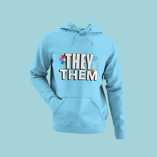 Stay true to your identity with this sky blue hoodie featuring "they/them" in bold white letters. Designed for non-binary individuals, this hoodie is a comfortable and stylish way to show your support for gender inclusivity. Express yourself and make a statement with this versatile and trendy piece.