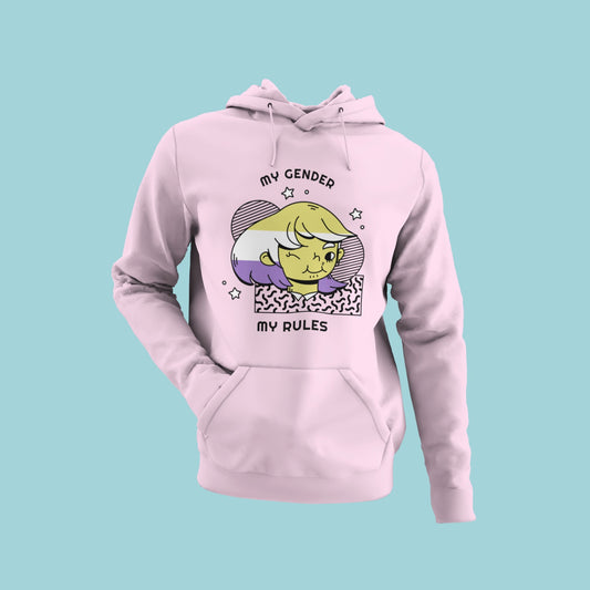 A baby pink hoodie with a "my gender my rules" slogan and a graphic of a person with multicoloured hair winking. This LGBTQ+ themed hoodie celebrates self-expression and individuality. Made with high-quality materials, it's comfortable and stylish. Perfect for anyone looking to make a bold statement and stand out from the crowd.