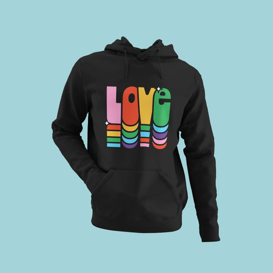 Get ready to show off your pride with this black hoodie featuring the word LOVE in bold and vibrant pop-style colors. Perfect for anyone who wants to spread love and positivity while celebrating the LGBTQ+ community and related themes. This versatile and comfortable hoodie is a must-have for any fashion-forward individual who wants to make a statement.