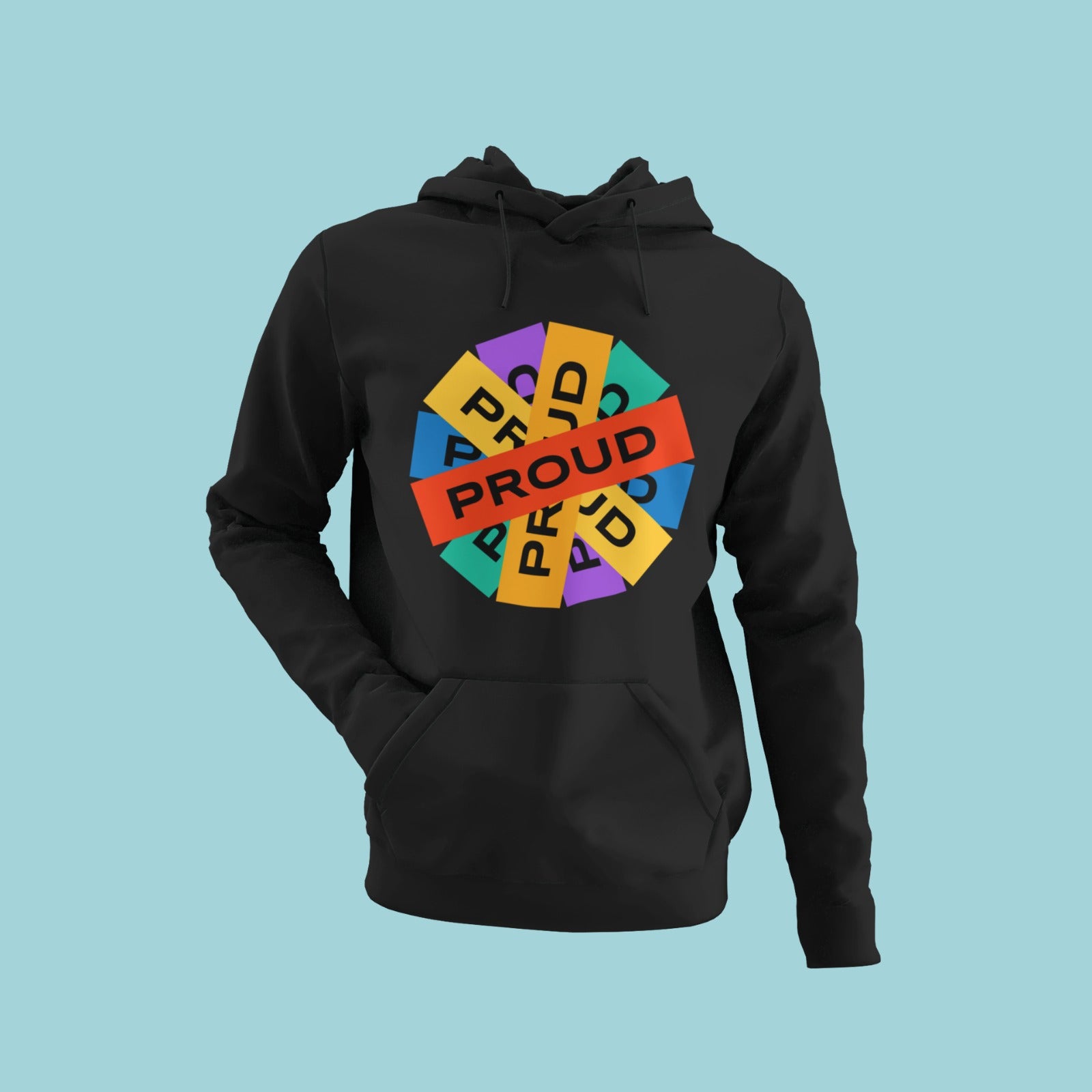Stay stylish and show your support for the LGBTQ+ community with this black hoodie featuring a graphic design of "PROUD" in rainbow colours arranged in a circular pattern. Made with high-quality materials, it's comfortable to wear and perfect for any casual occasion. Wear it loud and proud, and let the world know that love knows no boundaries.