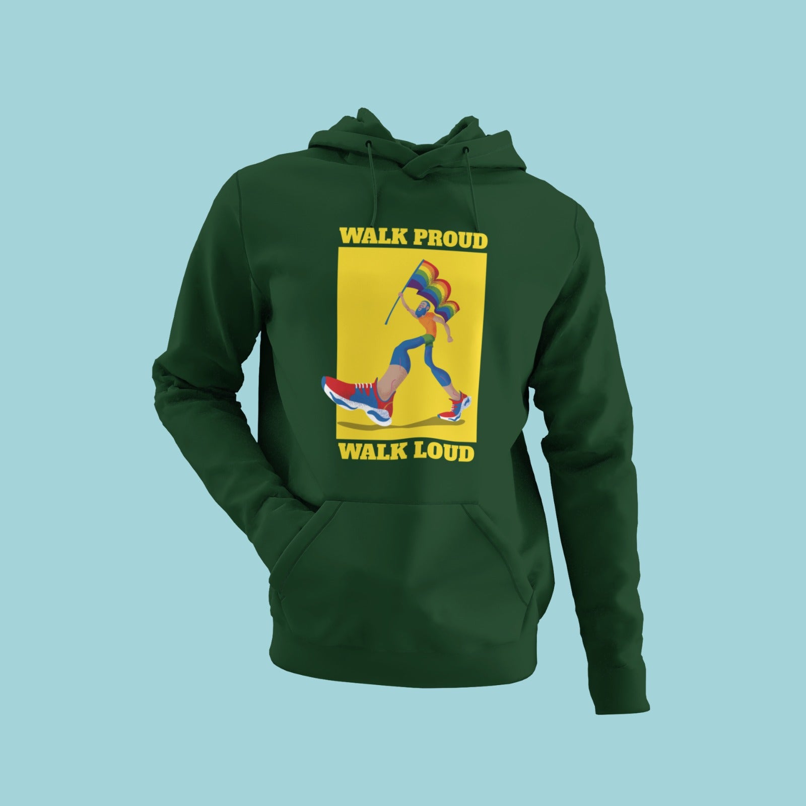 "Walk loud, walk proud" with this green hoodie featuring a graphic of a person taking a bold stride with the rainbow pride flag. Show your support for the LGBTQ+ community and make a statement with this comfortable and stylish hoodie. Available in all sizes, perfect for any occasion. Shop now!