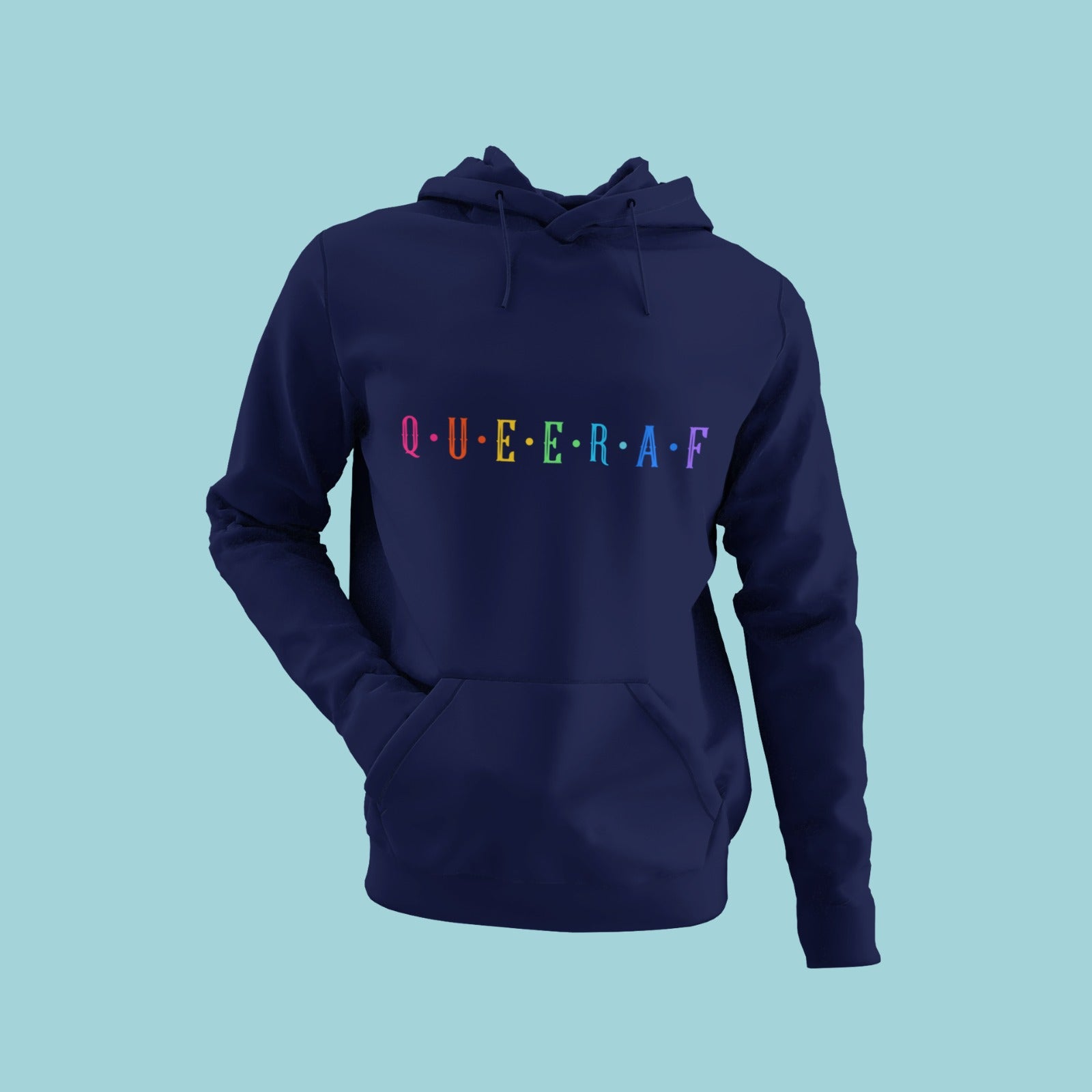 Get ready to show off your pride with our navy blue hoodie featuring Q.U.E.E.R.A.F in rainbow-coloured letters. This bold design will make a statement wherever you go. Stay cozy and confident while letting everyone know you're proud to be queer AF.