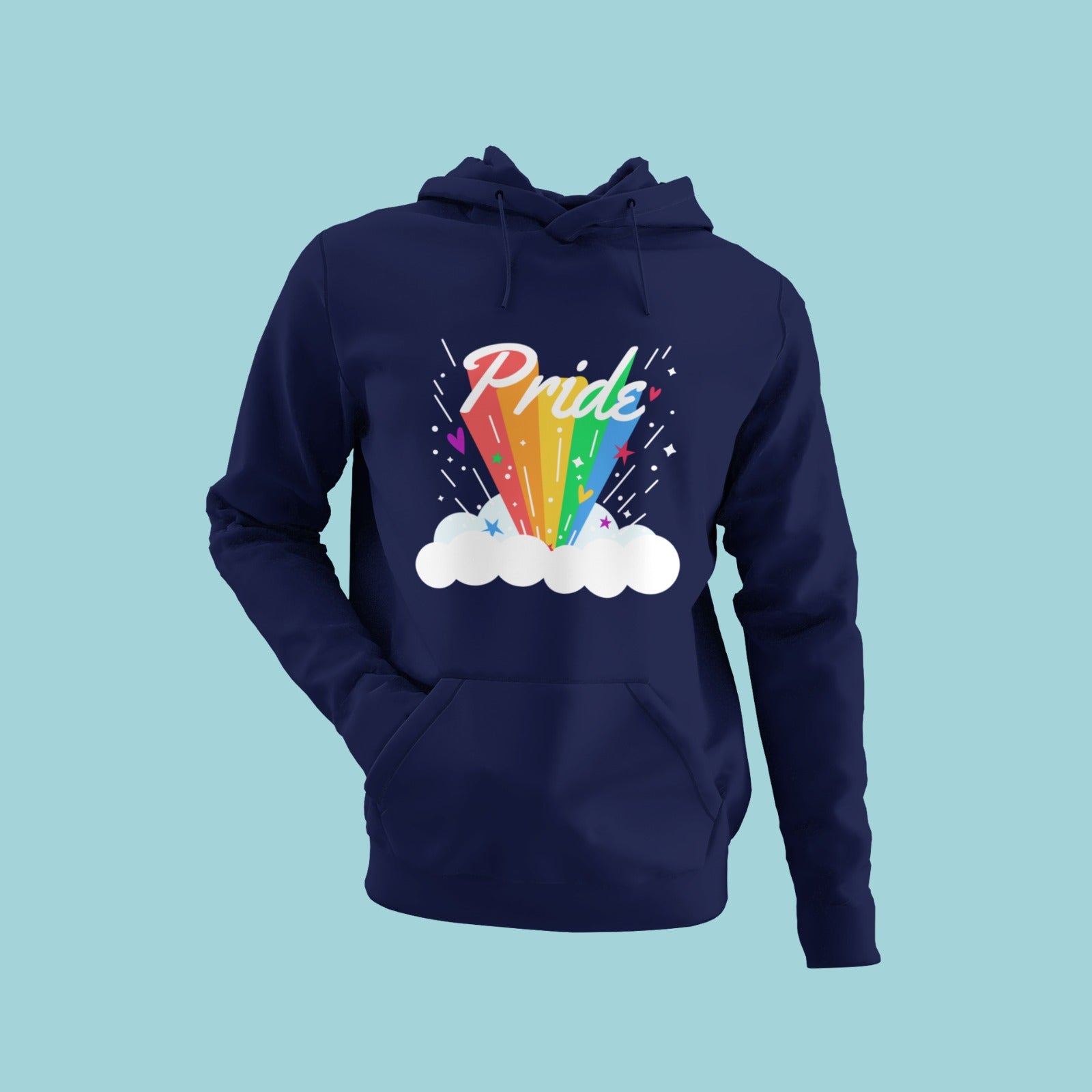 Unleash your inner Pride with our navy blue hoodie featuring a graphic design of Pride emerging from a cloud with a rainbow trail. Celebrate diversity and love in style with this comfortable and trendy hoodie. Perfect for any occasion, show your support for the LGBTQ+ community with this bold statement piece.